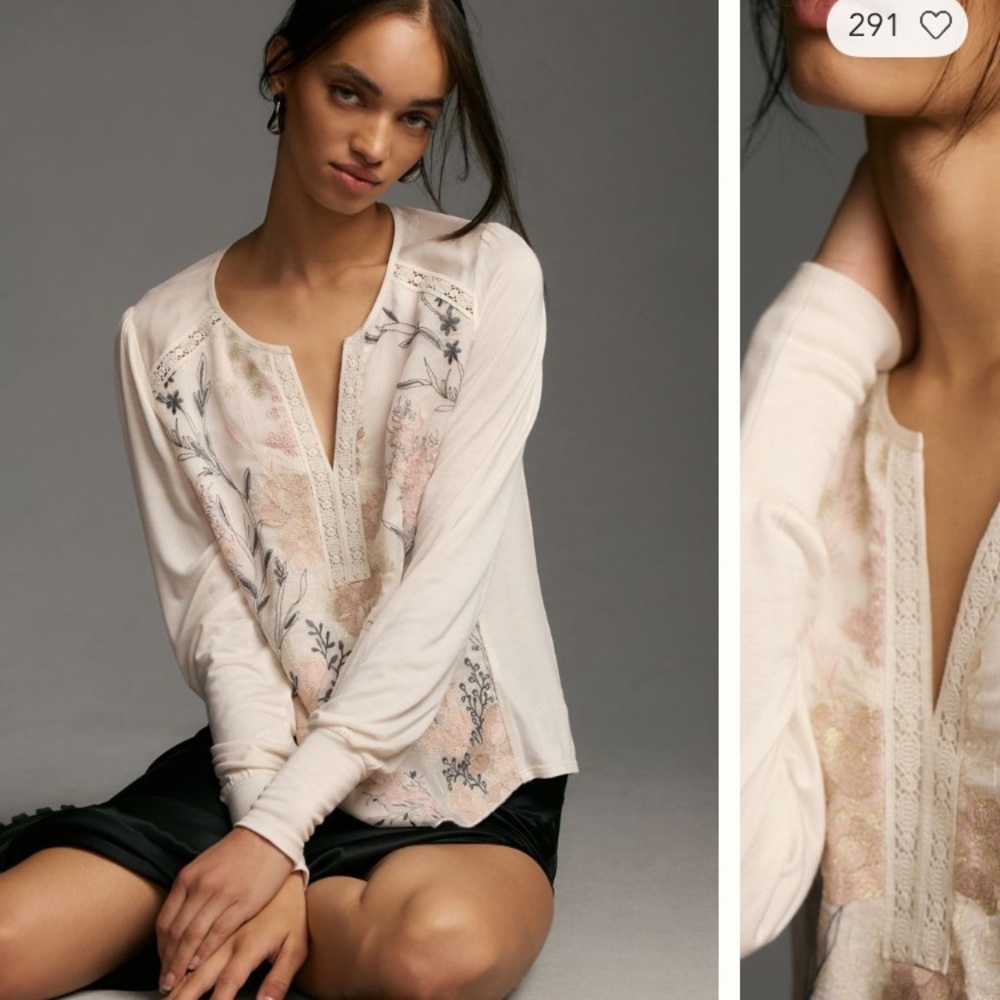 Anthropologie embroidered Tiny top size large ivory cream floral